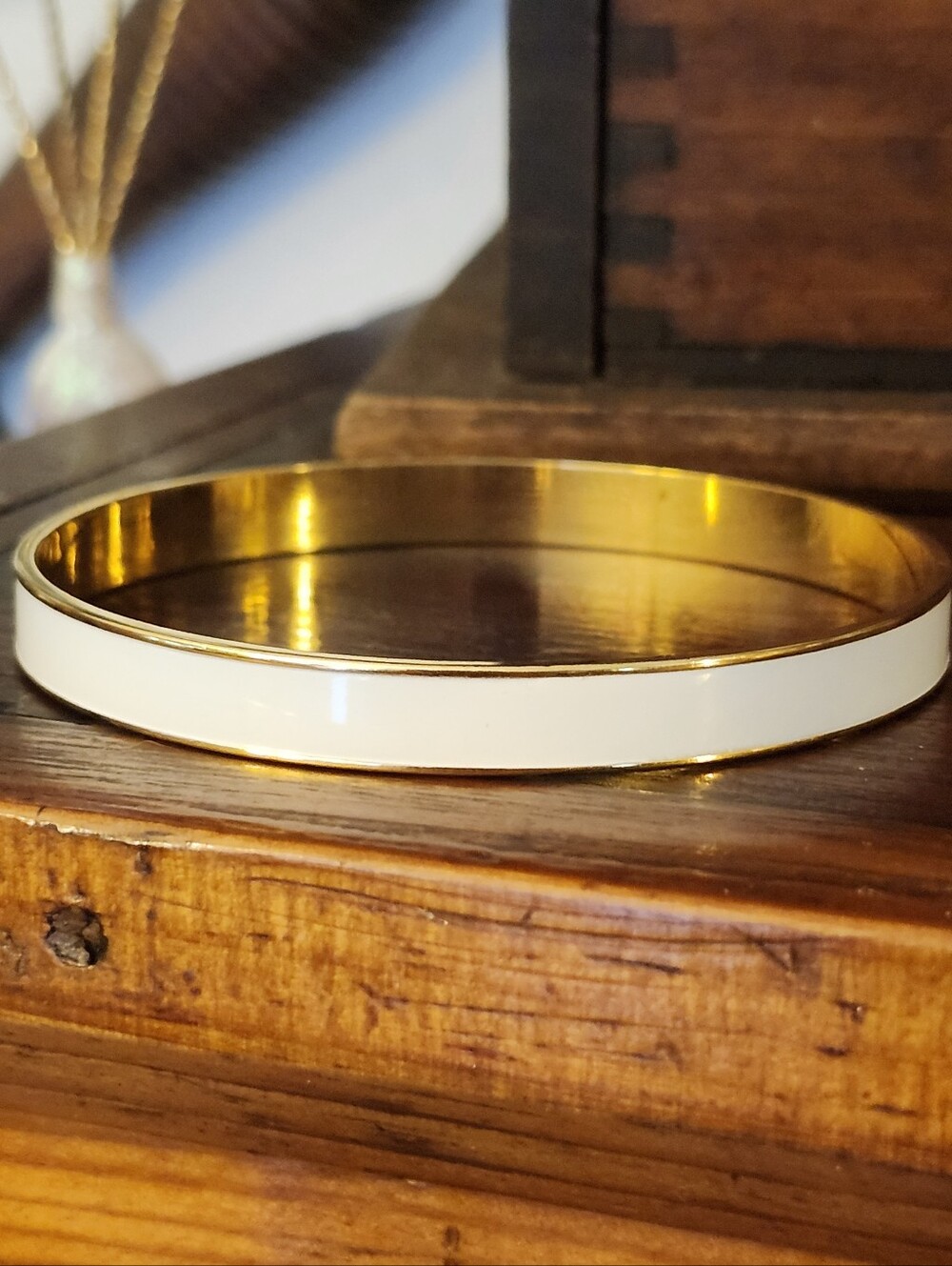 Elegant White Enamel and Gold Tone Skinny Bangle Bracelet - Monet